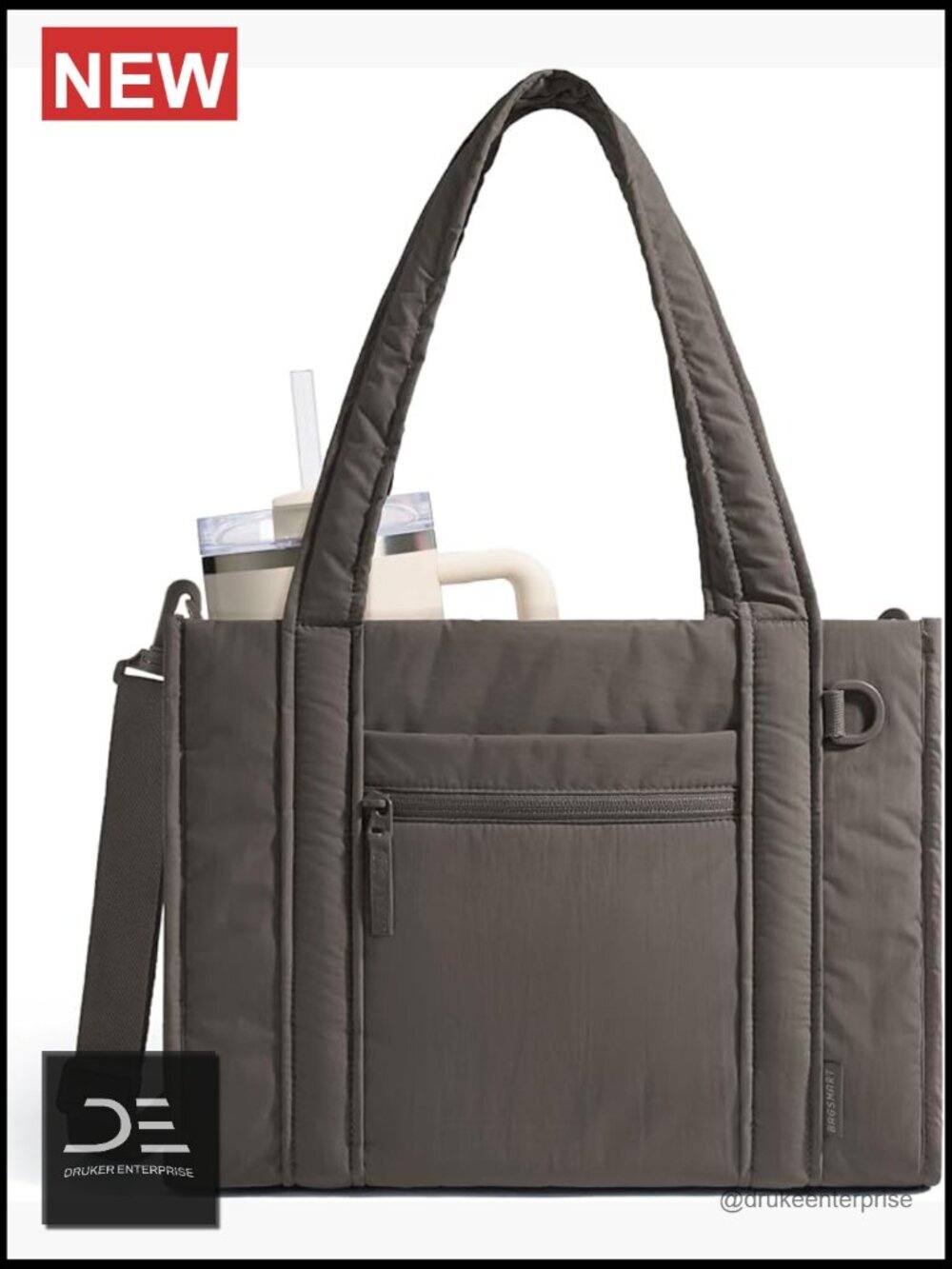 Quilted Boxy Tote Bag with Zipper, Crossbody, Laptop Compartment, Travel Work